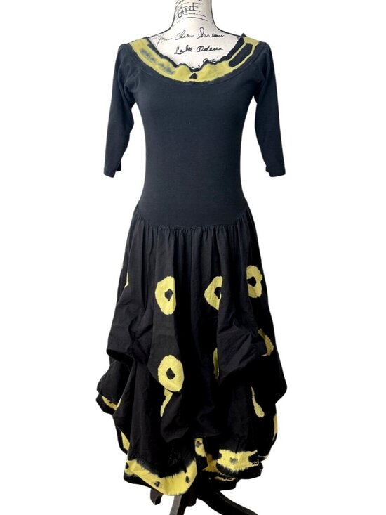 Luna Luz Black Yellow Tie-Dye Dress With 3/4 Sleeves Artsy Boho Womens Size S - Picture 1 of 8